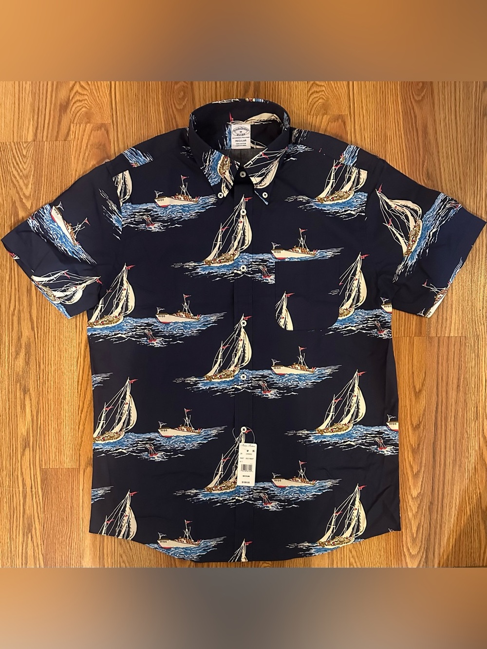 Brooks Brothers Men Shirt Regular Fit Short Sleeve Sailing Fishing Boats,Size M